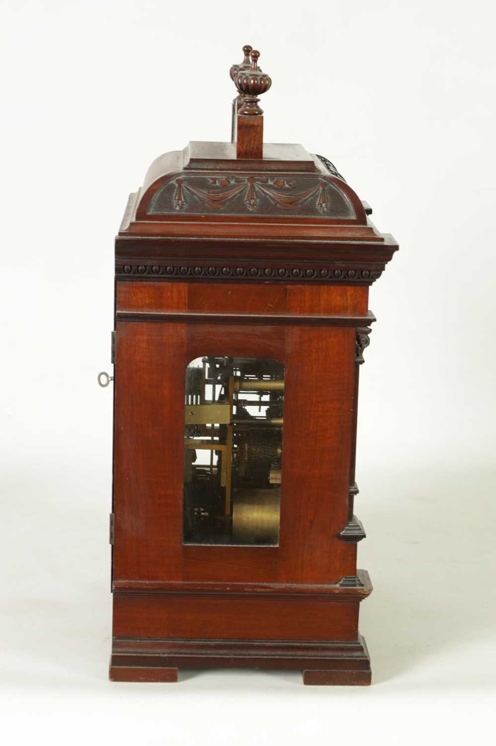 A SMALL LATE 19TH CENTURY MAHOGANY TRIPLE FUSEE QUARTER CHIMING BRACKET CLOCK - Image 6 of 10