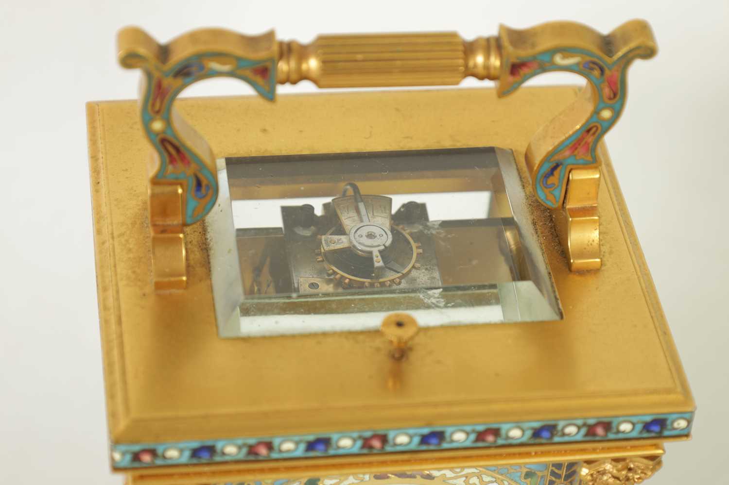 A LATE 19TH CENTURY FRENCH GILT BRASS AND CHAMPLEVE ENAMEL REPEATING CARRIAGE CLOCK - Image 2 of 10