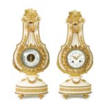 AN UNUSUAL PAIR OF 19TH CENTURY FRENCH LYRE-SHAPED ORMOLU MOUNTED WHITE MARBLE CLOCK AND BAROMETER