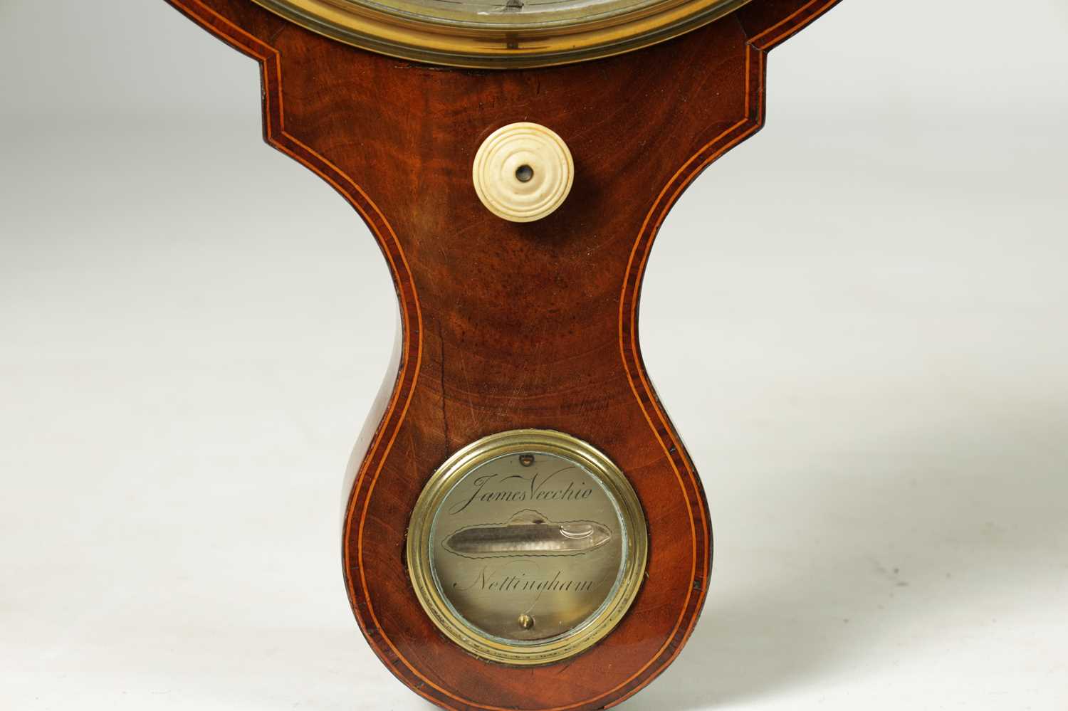 JAMES VECCHIO, NOTTINGHAM. A LATE GOERGE III FIGURED MAHOGANY WHEEL BAROMETER - Image 3 of 9