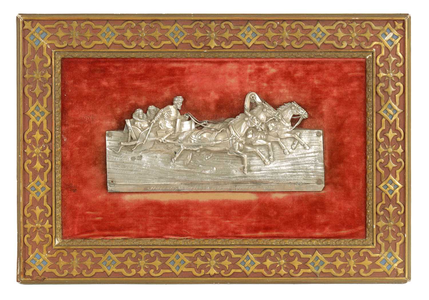 A LATE 19TH CENTURY RUSSIAN SILVER PLAQUE DEPICTING COSSACKS ON A SLAY PULLED BY HORSES