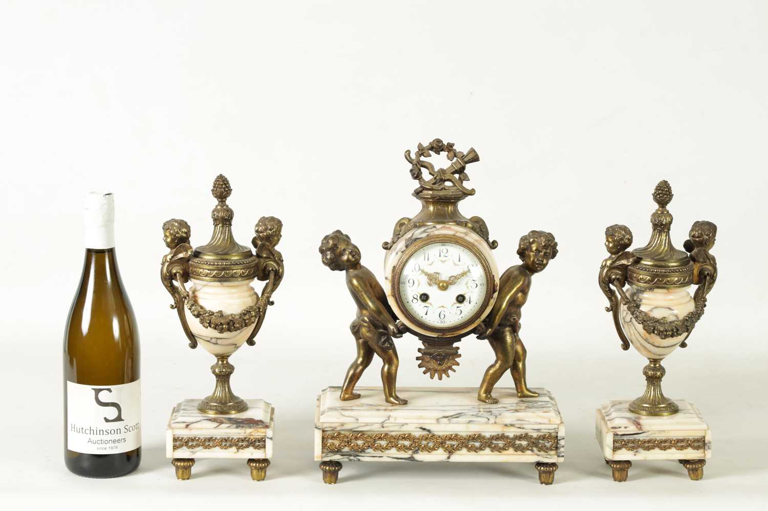 A LATE 19TH CENTURY ORMOLU AND VEINED MARBLE CLOCK GARNITURE - Image 5 of 13