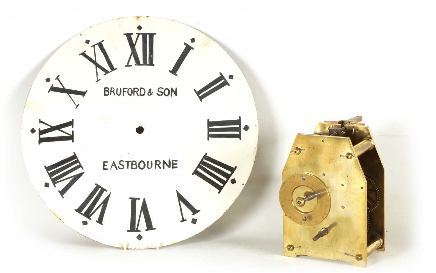 AN EARLY 19TH CENTURY BRASS PLATED WEIGHT DRIVEN TURRET CLOCK MOVEMENT