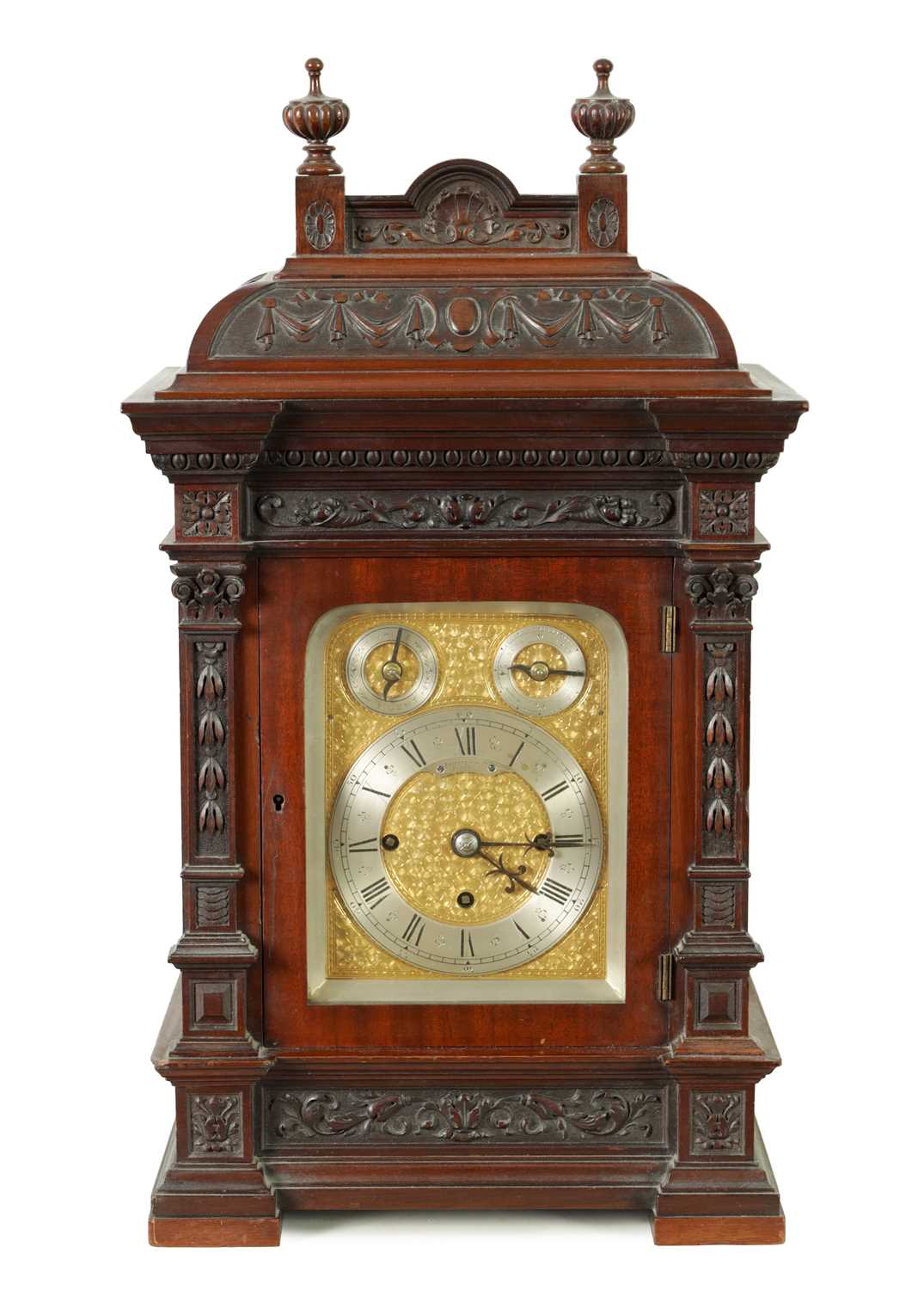 A SMALL LATE 19TH CENTURY MAHOGANY TRIPLE FUSEE QUARTER CHIMING BRACKET CLOCK