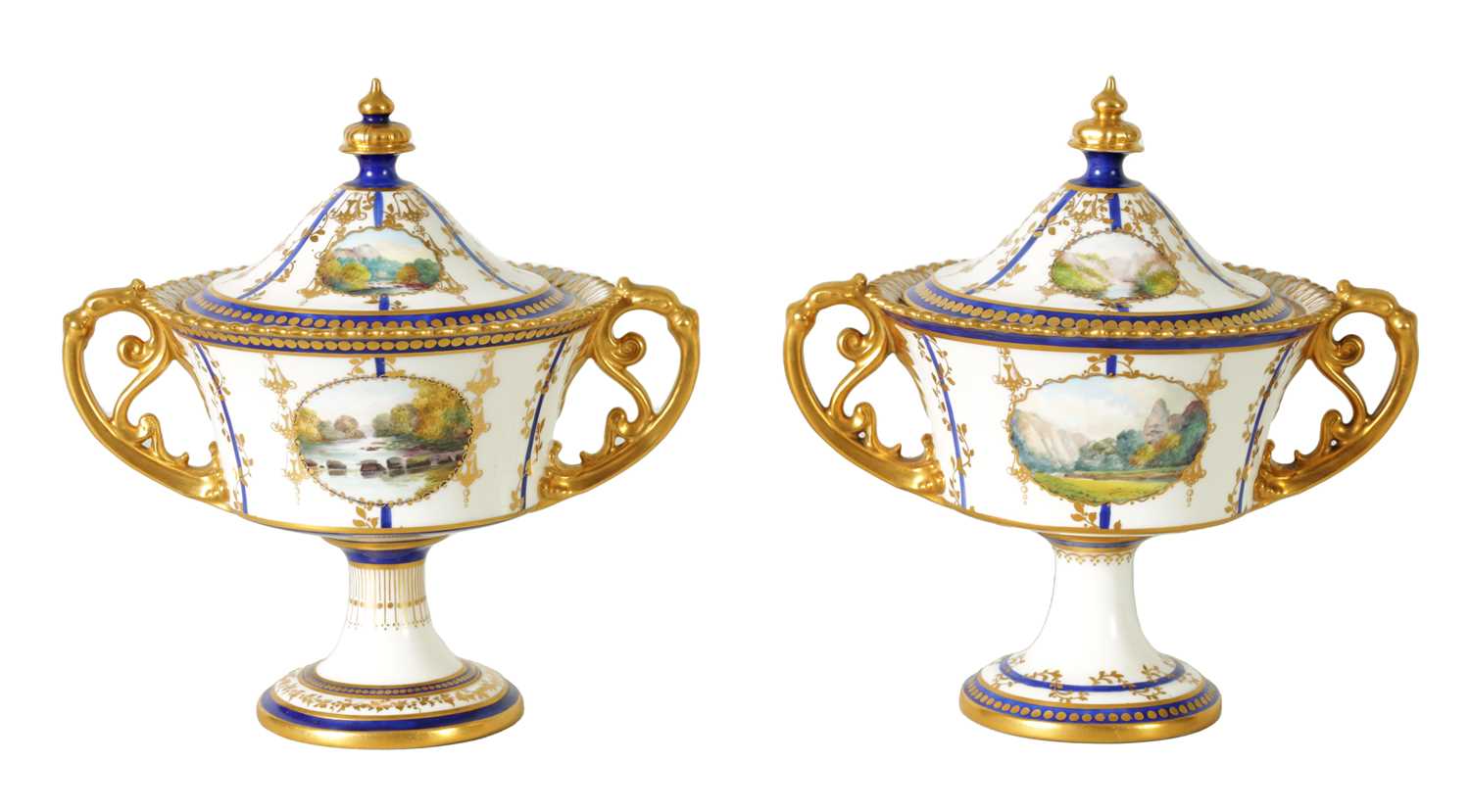 A FINE PAIR OF ROYAL CROWN DERBY CAMPANA SHAPED TWO-HANDLED PEDESTAL VASES AND COVERS - Image 7 of 22