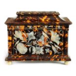 A FINE 19TH CENTURY MOTHER OF PEARL INLAID TORTOISESHELL TEA CADDY