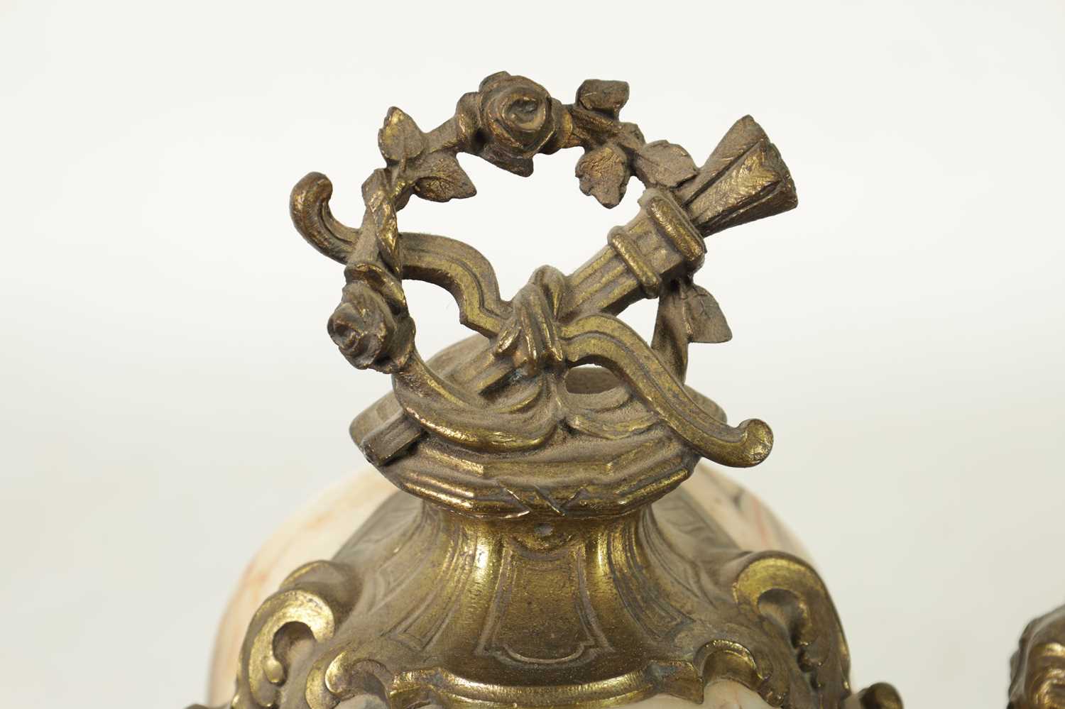 A LATE 19TH CENTURY ORMOLU AND VEINED MARBLE CLOCK GARNITURE - Image 2 of 13