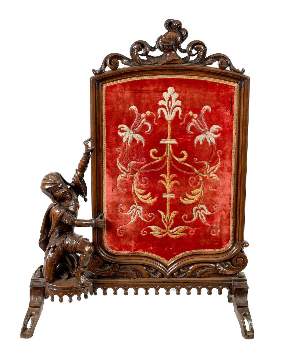 A LATE 19TH-CENTURY CONTINENTAL CARVED WALNUT TAPESTRY FIRE SCREEN