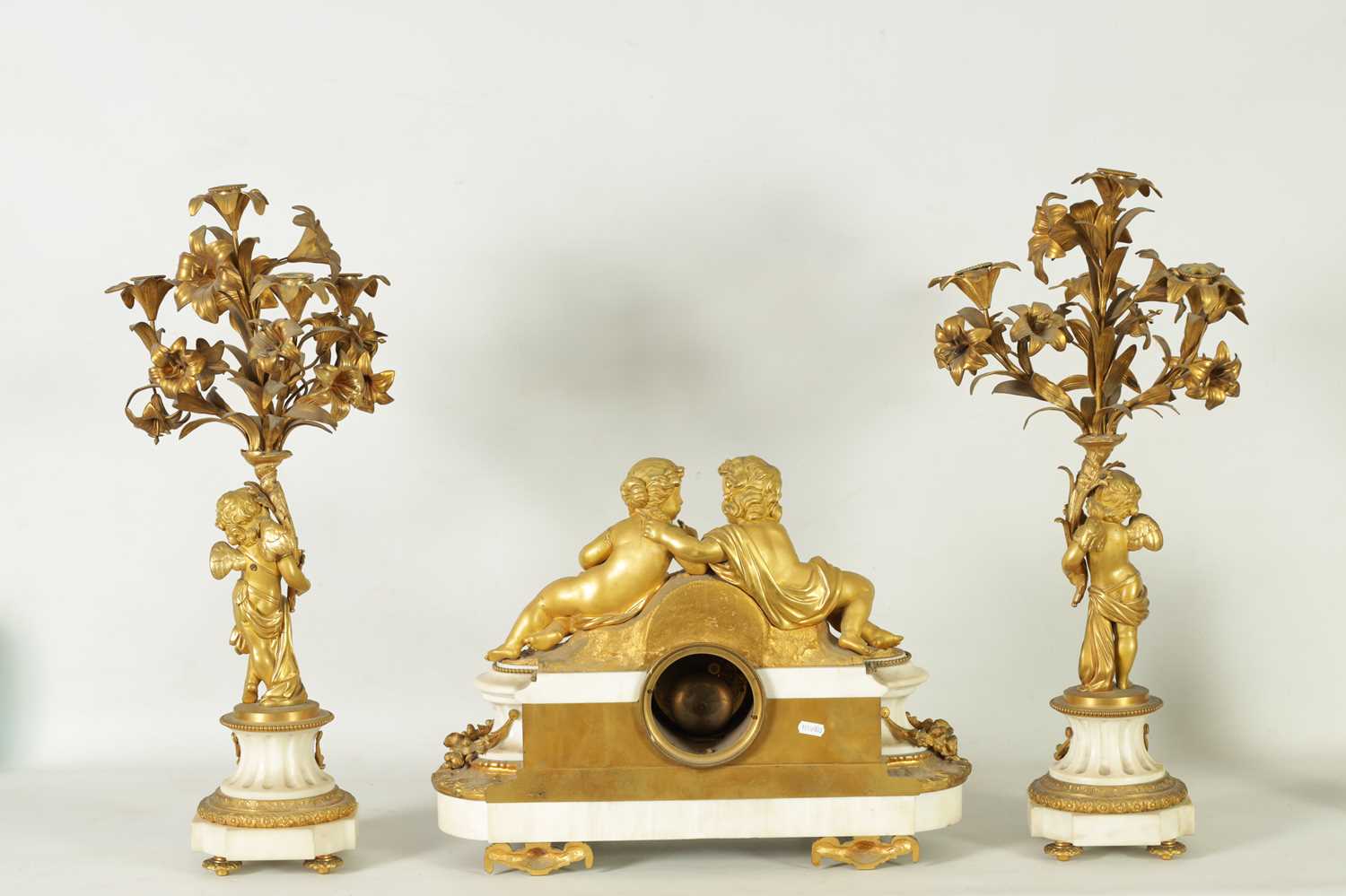 A LATE 19TH CENTURY ORMOLU AND WHITE MARBLE CLOCK GARNITURE - Image 11 of 13