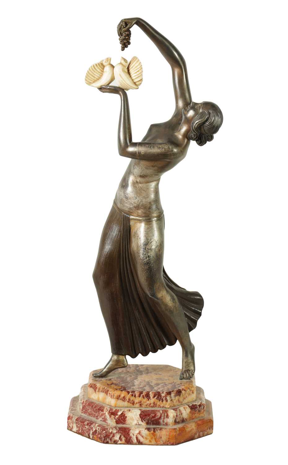 LUCILLE SEVIN. AN ART DECO SILVERED AND PATINATED BRONZE SCULPTURE OF A DANCING LADY