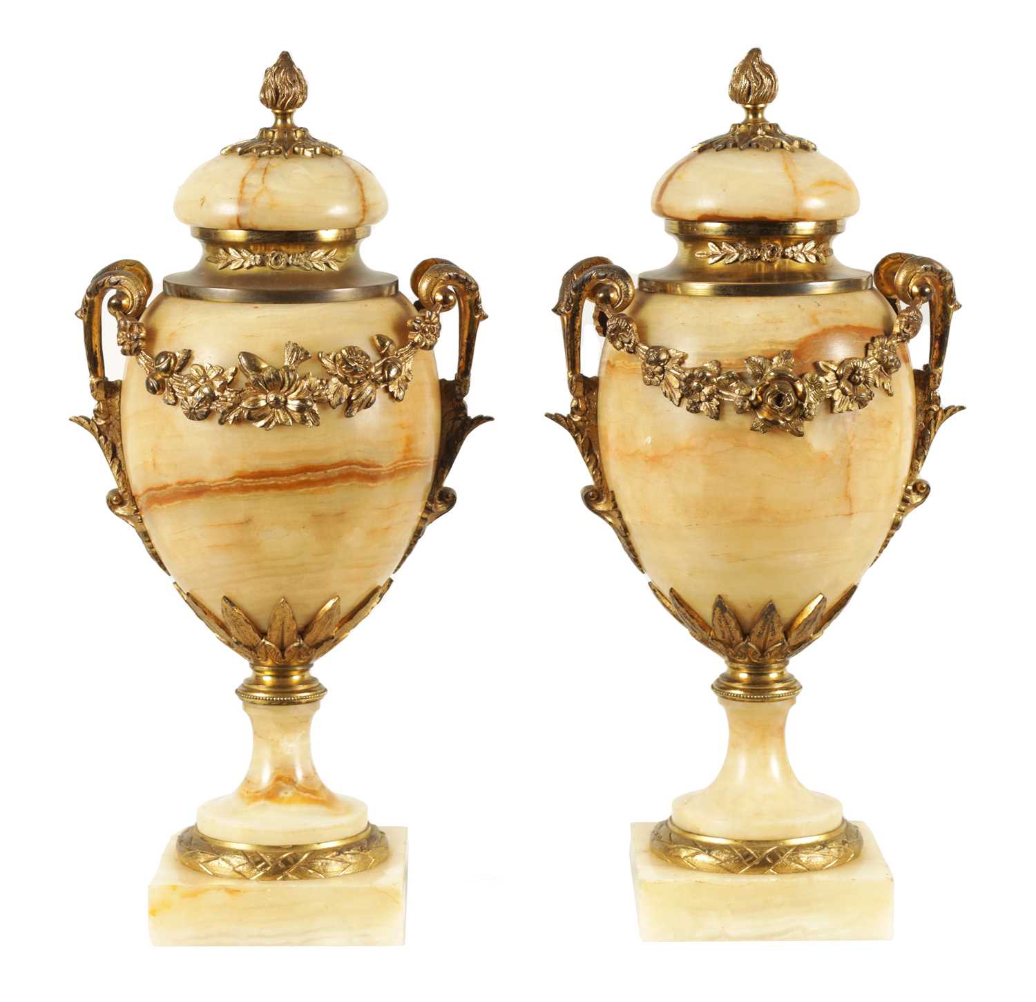 A PAIR OF 19TH CENTURY FRENCH SIENA MARBLE AND ORMOLU MOUNTED CASSOLETTES