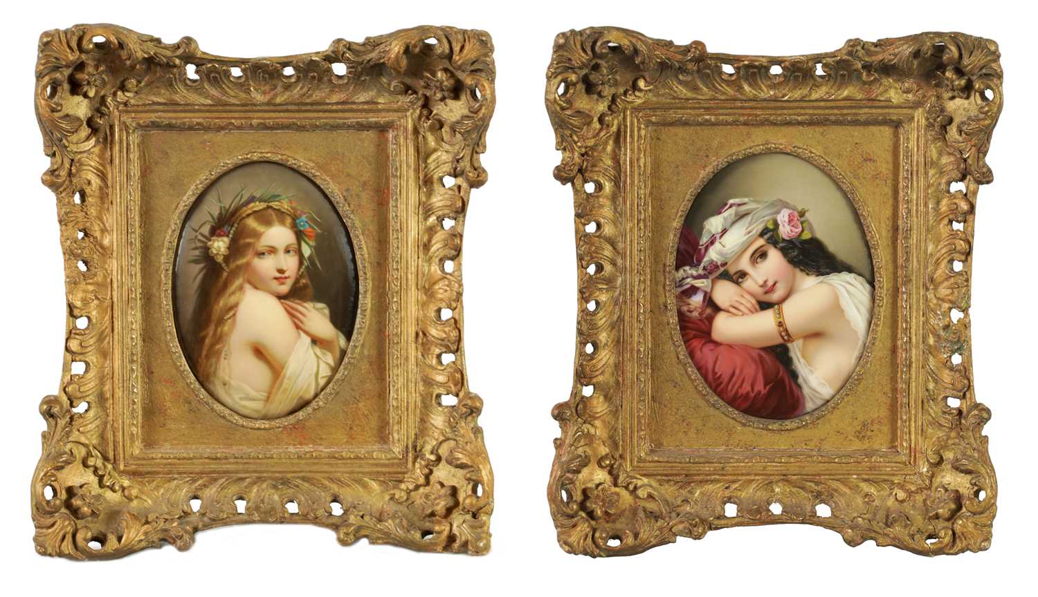 A FINE MATCHED PAIR OF LATE 19TH CENTURY VIENNA OVAL CONVEX FRAMED PORCELAIN PLAQUES