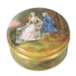 A FINE 19TH CENTURY GILT METAL AND LIMOGES ENAMEL CIRCULAR BOX AND COVER