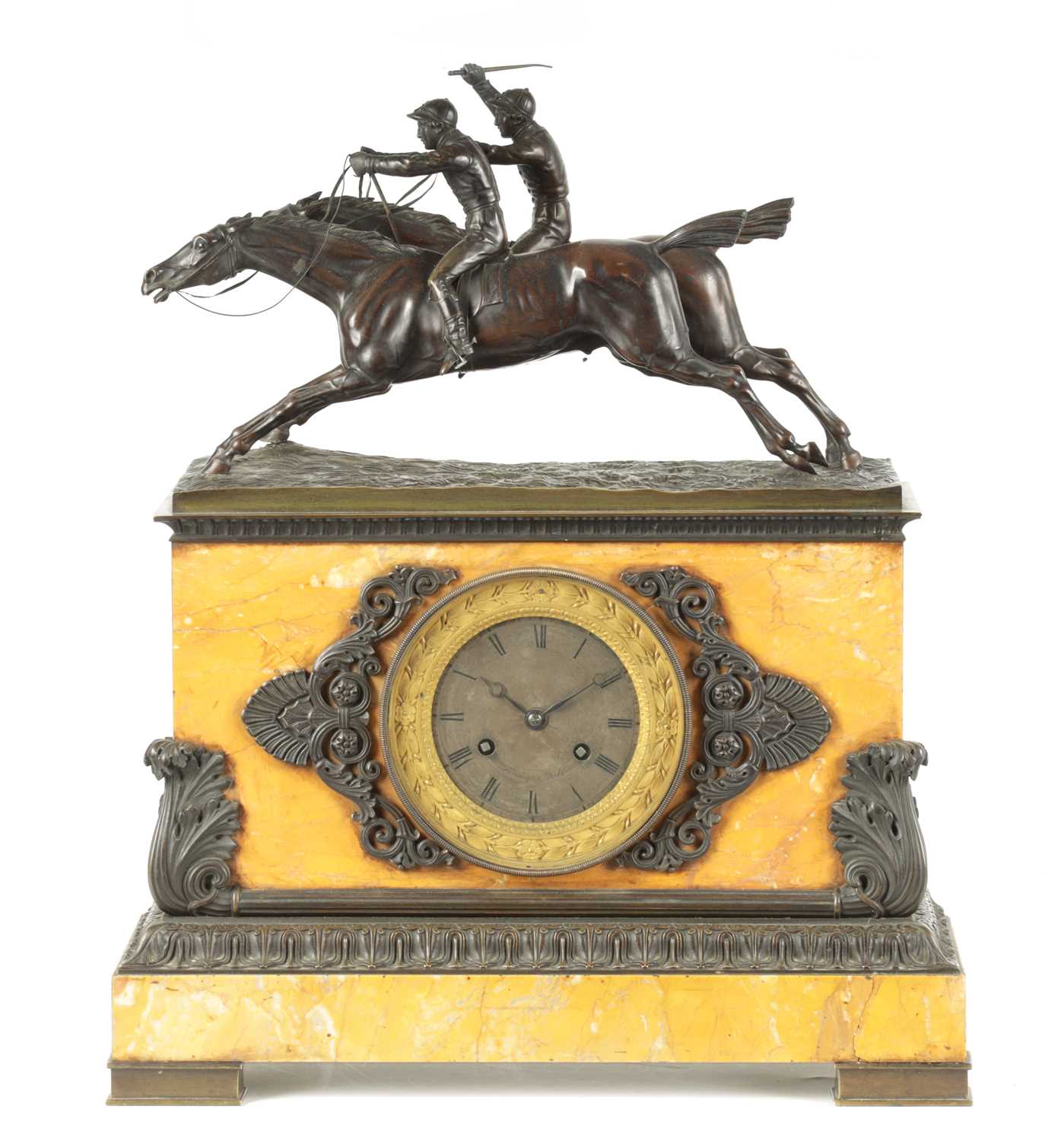 OF HORSE RACING/EQUESTRIAN INTEREST. A 19TH CENTURY FRENCH PATINATED BRONZE AND SIENNA MARBLE MANTEL