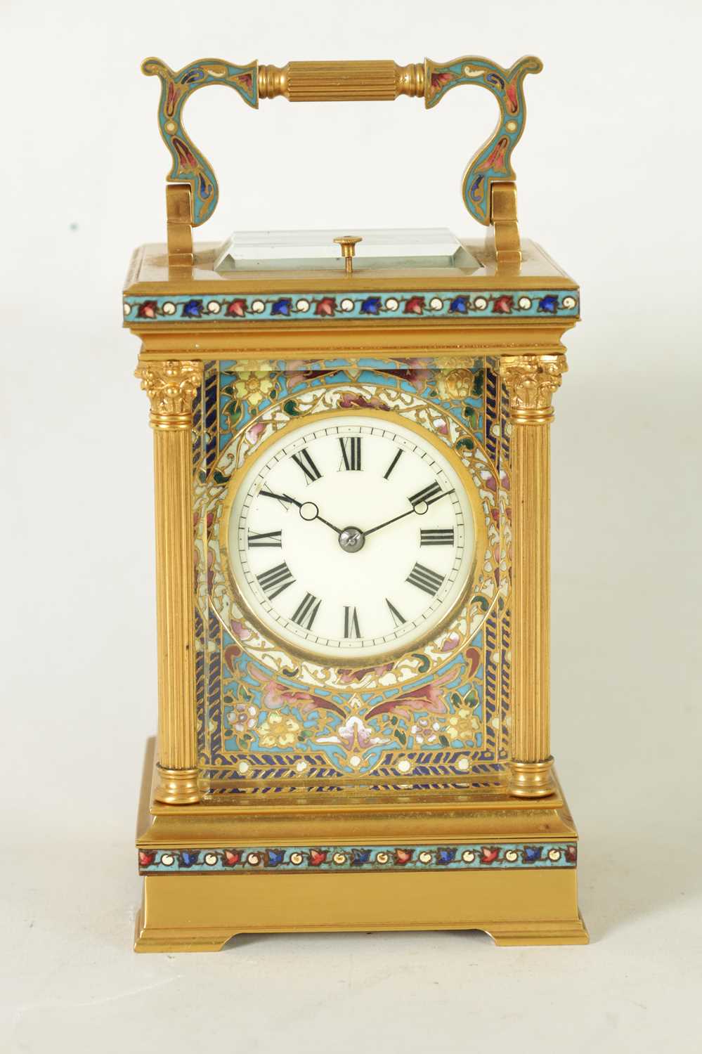 A LATE 19TH CENTURY FRENCH GILT BRASS AND CHAMPLEVE ENAMEL REPEATING CARRIAGE CLOCK - Image 5 of 10