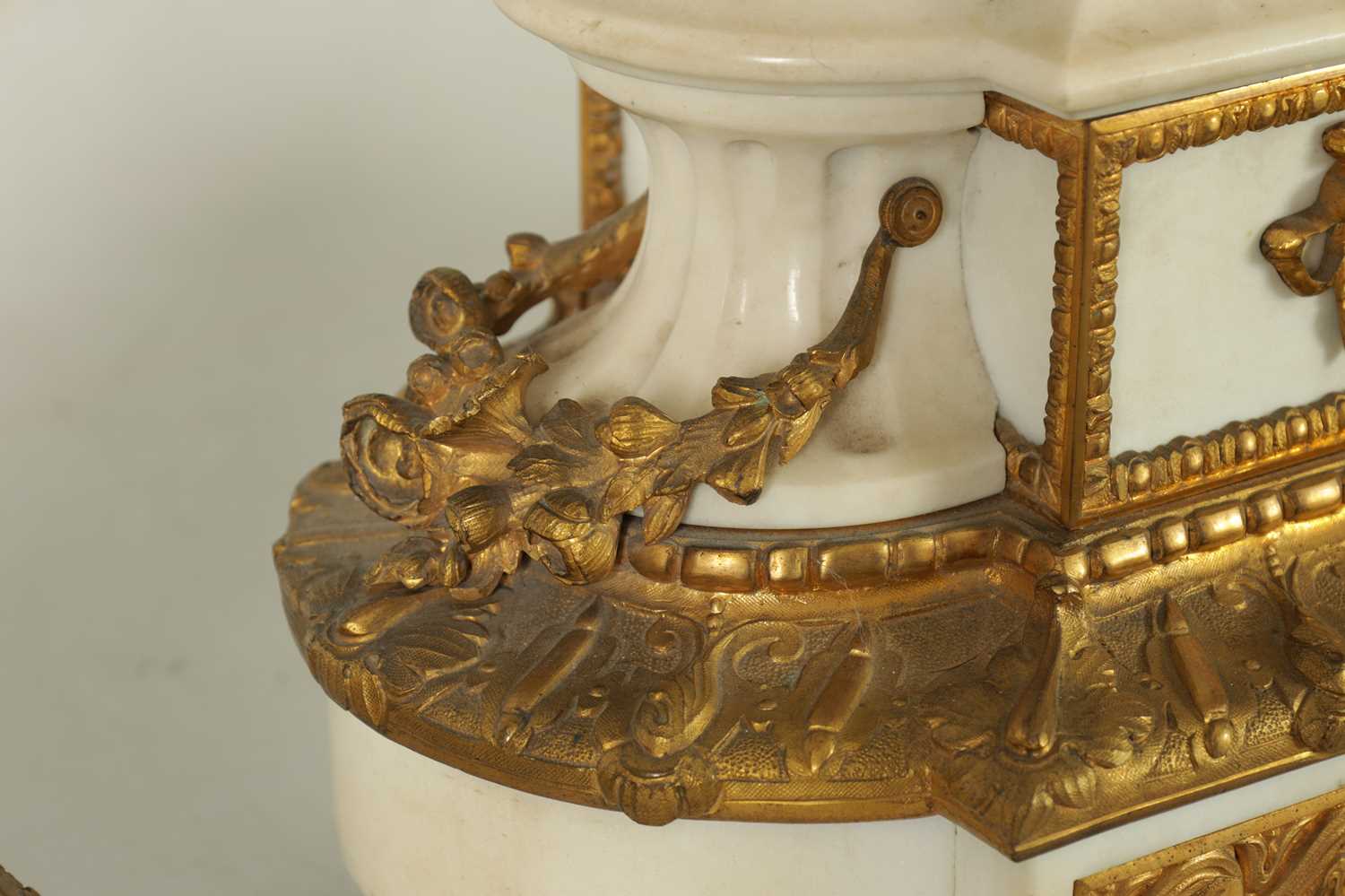 A LATE 19TH CENTURY ORMOLU AND WHITE MARBLE CLOCK GARNITURE - Image 10 of 13