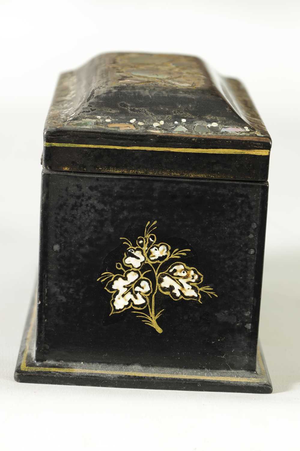 A 19TH CENTURY MOTHER OF PEARL INLAID LACQUERED TEA CADDY - Image 5 of 11