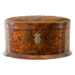 A LATE 19TH CENTURY BURR WALNUT OVAL TEA CADDY