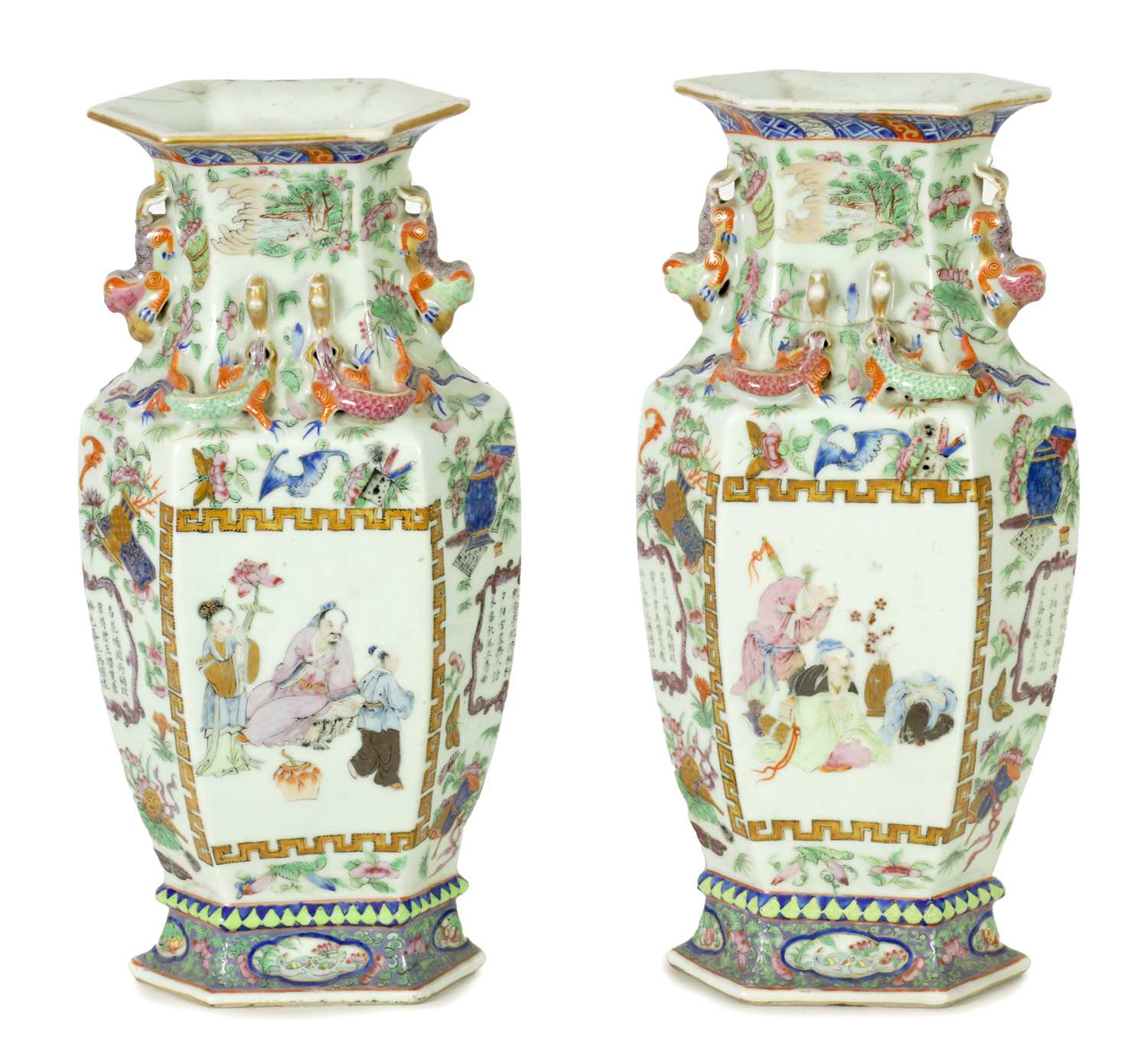 A PAIR 19TH CENTURY CHINESE CANTON FAMILLE ROSE SHAPED RECTANGULAR POLYCHROME VASES