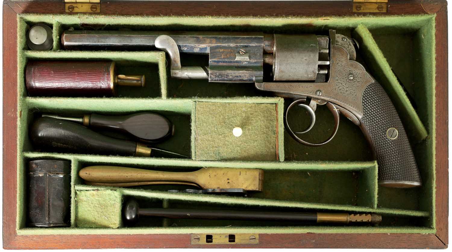 A RARE MID 19TH CENTURY CASED 54-BORE BENTLY PATENT FIVE-SHOT SELF-COCKING PERCUSSION REVOLVER