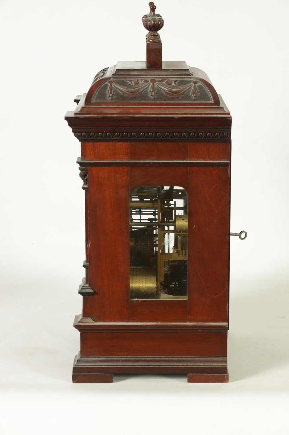 A SMALL LATE 19TH CENTURY MAHOGANY TRIPLE FUSEE QUARTER CHIMING BRACKET CLOCK - Image 7 of 10