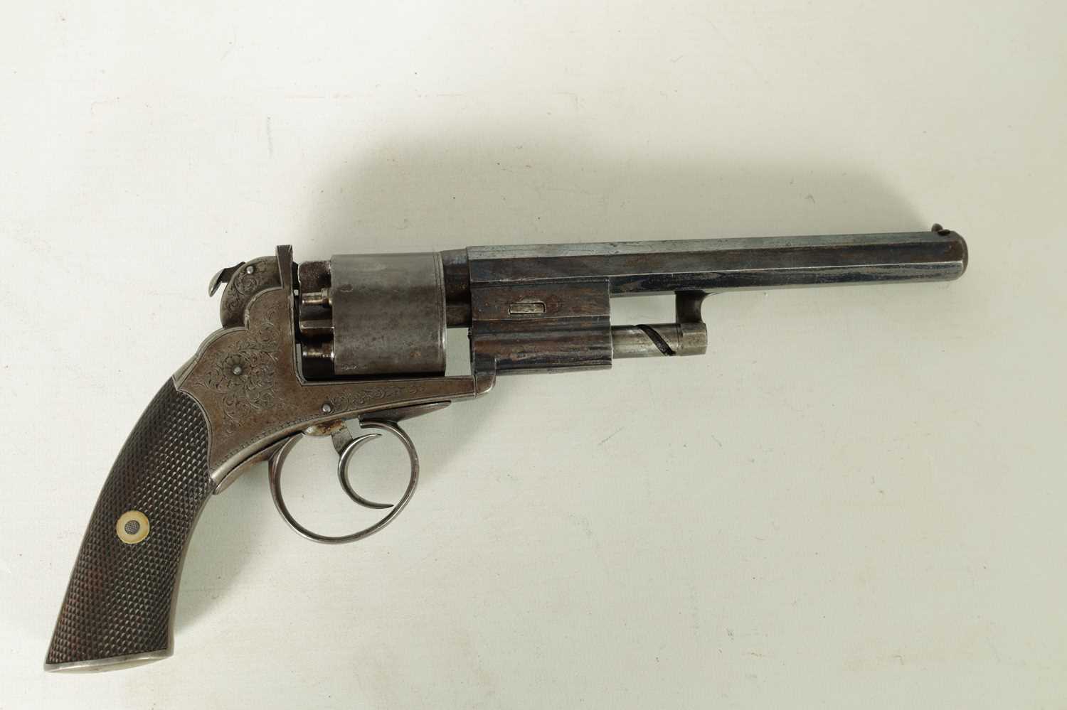 A RARE MID 19TH CENTURY CASED 54-BORE BENTLY PATENT FIVE-SHOT SELF-COCKING PERCUSSION REVOLVER - Image 8 of 12