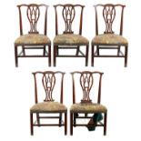 A SET OF FIVE MID-18TH CENTURY MAHOGANY CHIPPENDALE-STYLE DINING CHAIRS