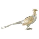 AN UNUSUAL EARLY 20TH CENTURY SILVER AND GILT CRUET IN THE FORM OF A PHEASANT