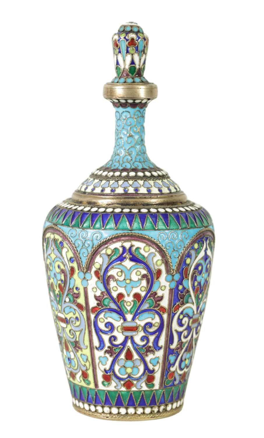 A 19TH-CENTURY RUSSIAN SILVER AND JEWELLED CLOISONNE ENAMEL BOTTLE VASE
