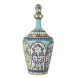 A 19TH-CENTURY RUSSIAN SILVER AND JEWELLED CLOISONNE ENAMEL BOTTLE VASE