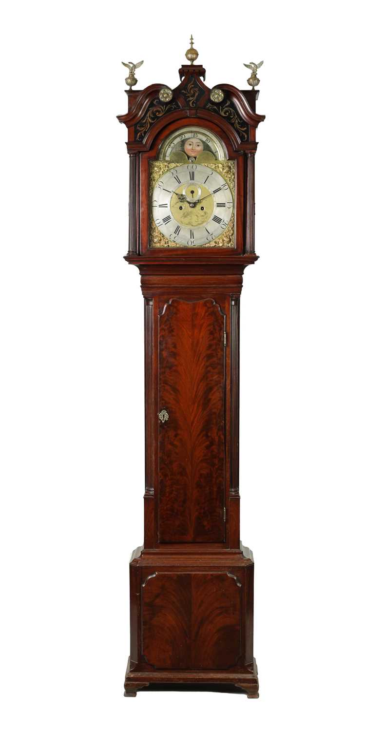 JOSEPH FINNEY, LIVERPOOL. A GEORGE III FIGURED MAHOGANY LONGCASE CLOCK