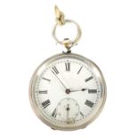 A VICTORIAN SILVER OPEN-FACED POCKET FOB WATCH AND CHAIN