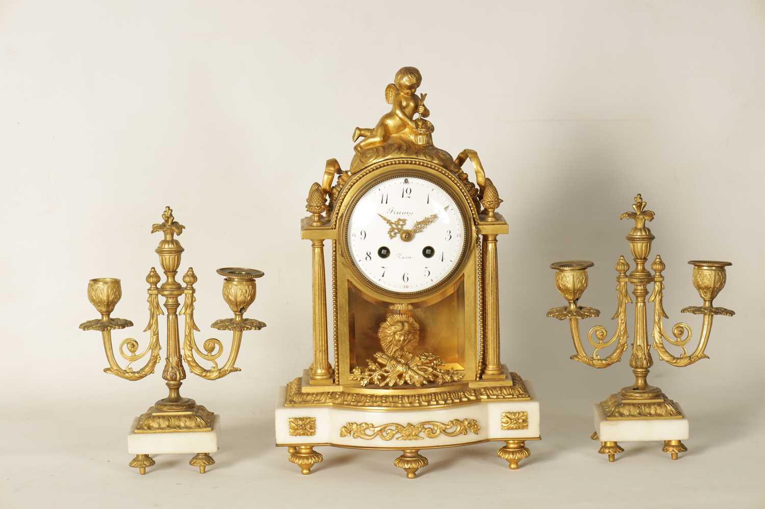 A 19TH CENTURY FRENCH ORMOLU AND WHITE MARBLE CLOCK GARNITURE - Image 11 of 13