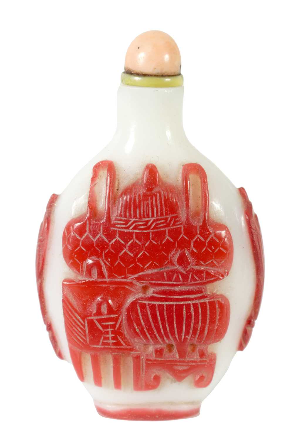 A 19TH CENTURY CHINESE MILK GLASS AND CARVED RED CAMEO FLATTENED OVOID SNUFF BOTTLE