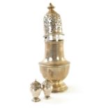 A LATE 19TH CENTURY SILVER SUGAR CASTER TOGETHER WITH A PAIR OF SILVER SALT AND PEPPER