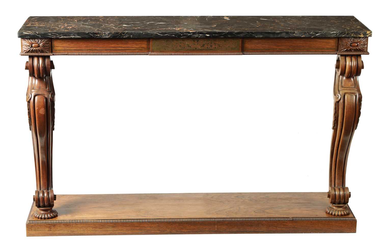 A REGENCY ROSEWOOD BRASS INLAID CONSOLE TABLE