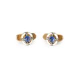 A FINE PAIR OF GOLD CABOCHON SAPPHIRE DIAMOND AND ENAMEL BUTTON STUDS