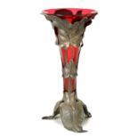 A STYLISH ART NOUVEAU PEWTER AND CRANBERRY GLASS ORCHID VASE