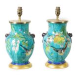 A PAIR OF 19TH CENTURY FRENCH ENAMEL VASE LAMPS