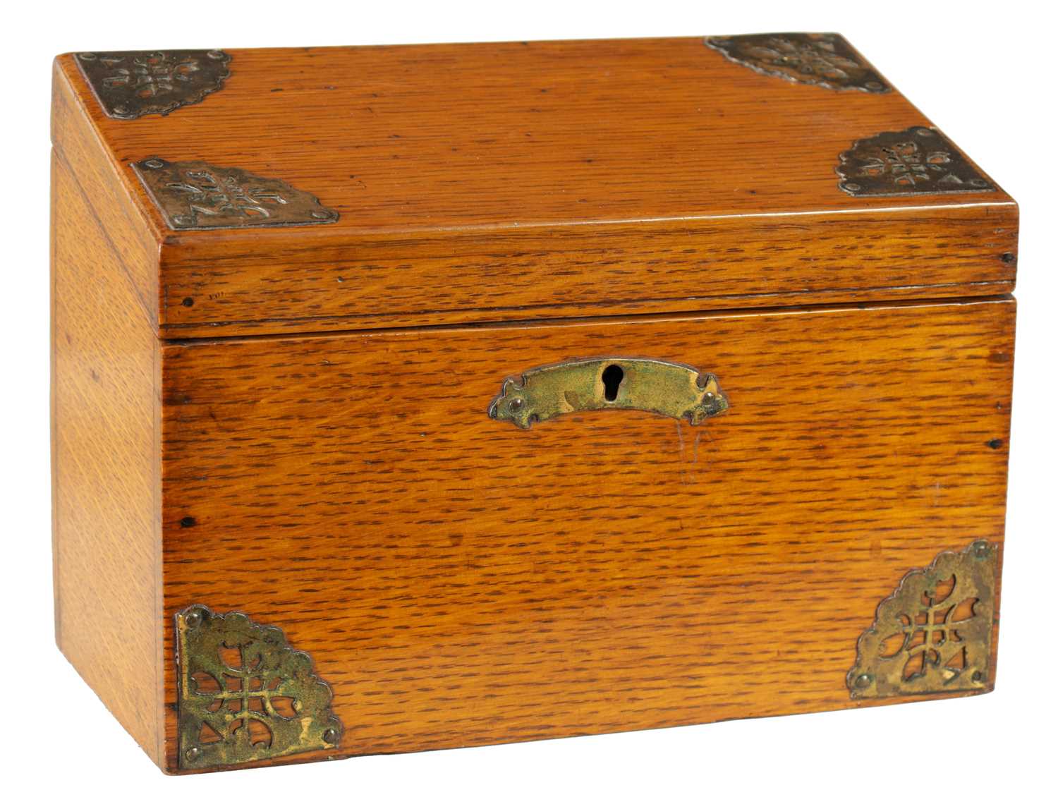 A 19TH CENTURY OAK AND BRASS MOUNTED STATIONARY BOX