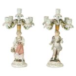 A PAIR OF 19TH CENTURY FIGURAL DRESDEN STYLE PORCELAIN CANDELABRA