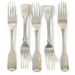 A MATCHED SET OF 5 LATE GEORGIAN FIDDLY PATTERN SILVER DINNER FORKS