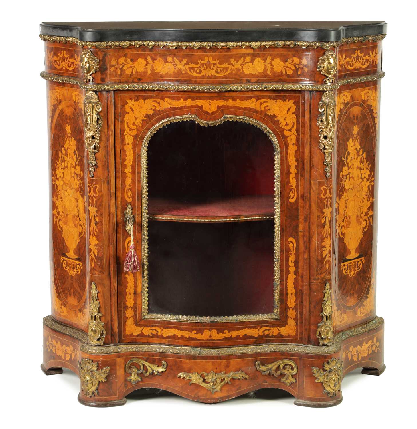 A FINE 19TH CENTURY ORMOLU MOUNTED WALNUT AND FLORAL MARQUETRY INLAID SERPENTINE SIDE CABINET