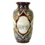 A LATE 19TH CENTURY DOULTON LAMBETH OVERSIZED TAPERING SHOULDERED VASE WITH FLARED RIM BY HANNAH BAR