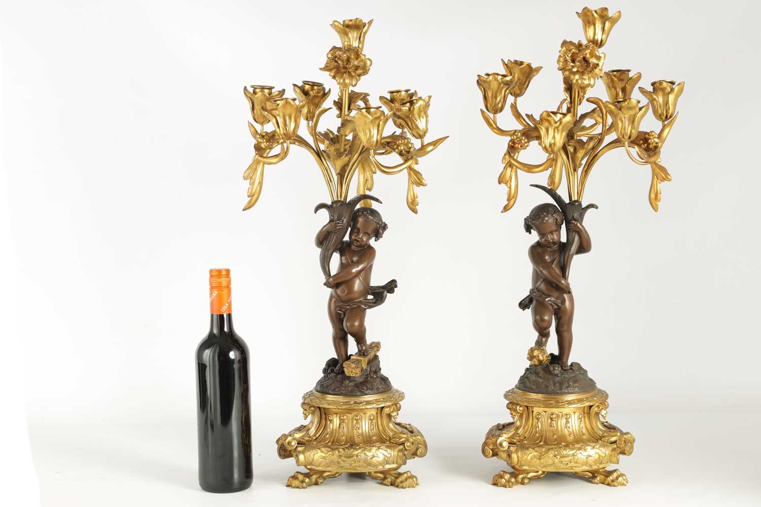 A PAIR OF 19TH CENTURY BRONZE AND ORMOLU SEVEN BRANCH CANDELABRA - Image 2 of 8