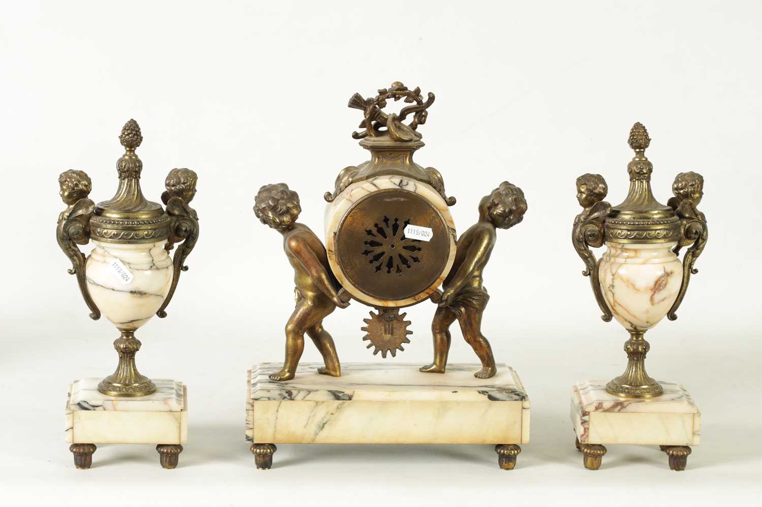 A LATE 19TH CENTURY ORMOLU AND VEINED MARBLE CLOCK GARNITURE - Image 10 of 13