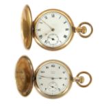 TWO ELGIN FULL HUNTER GOLD PLATED POCKET WATCHES