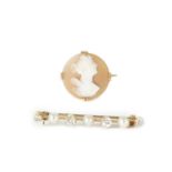 A 15CT GOLD PEARL AND DIAMOND BAR BROOCH AND A 15CT GOLD CAMEO BROOCH