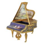 A LATE 19TH CENTURY FRENCH MUSICAL ORMOLU AND ENAMEL JEWELLERY BOX IN THE FORM OF A GRAND PIANO