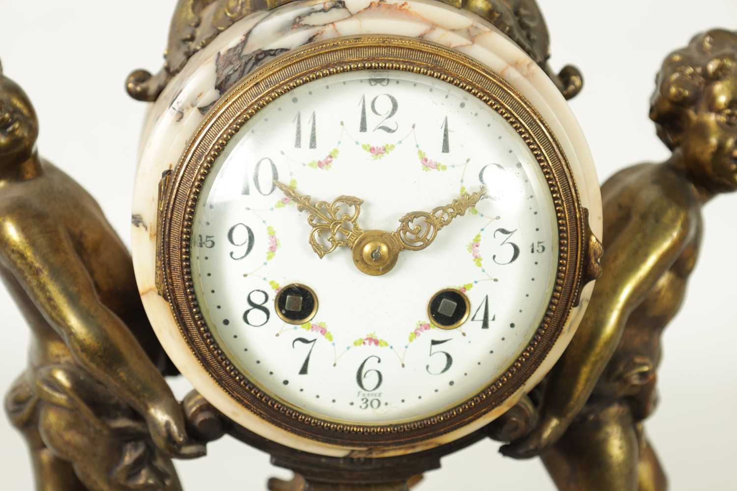 A LATE 19TH CENTURY ORMOLU AND VEINED MARBLE CLOCK GARNITURE - Image 4 of 13